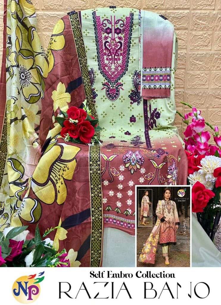 np print razia bano 1001-1008 series lawn cotton designer dress material catalogue online supplier surat 