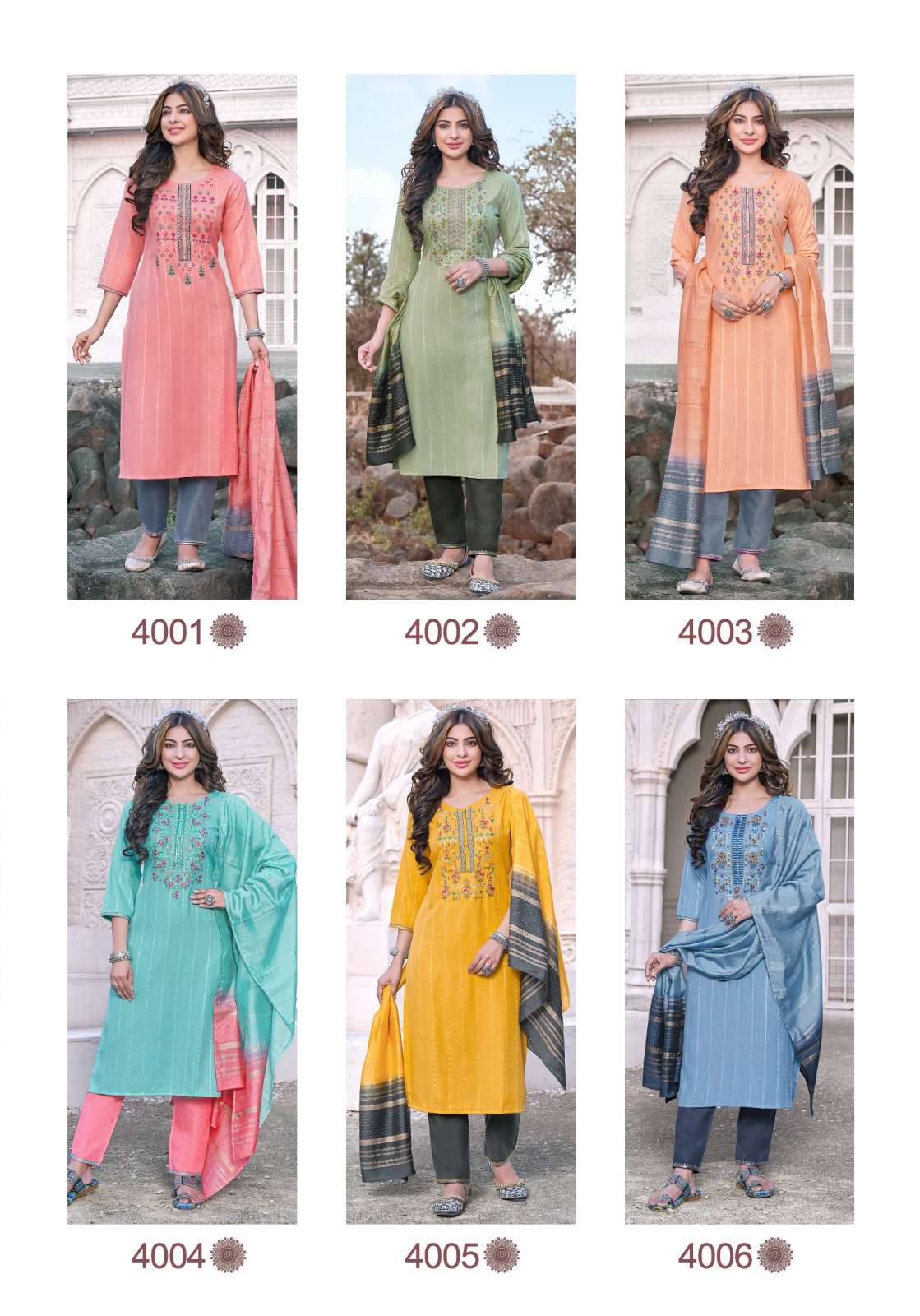 pink mirror moment 4001-4006 series trendy designer kurti pant with dupatta catalogue collection surat 
