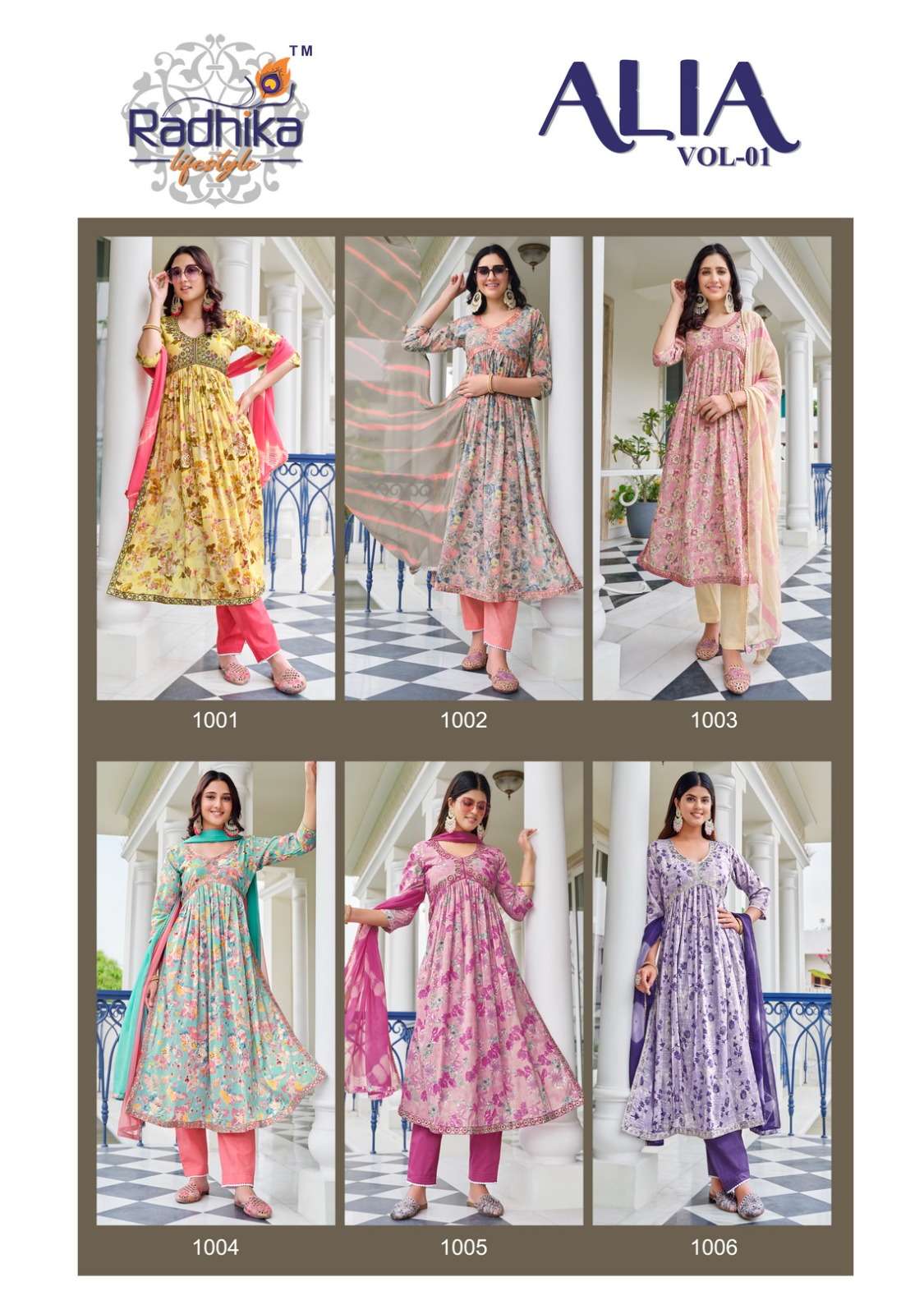 radhika lifestyle alia vol-1 1001-1006 series latest designer kurti pant dupatta catalogue manufacturer surat