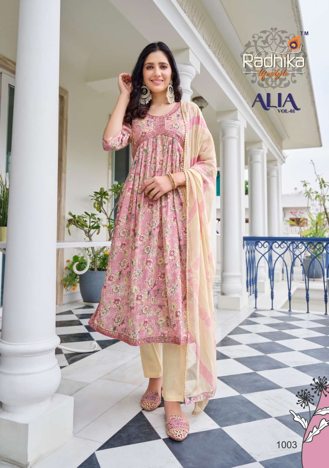 radhika lifestyle alia vol-1 1001-1006 series latest designer kurti pant dupatta catalogue manufacturer surat