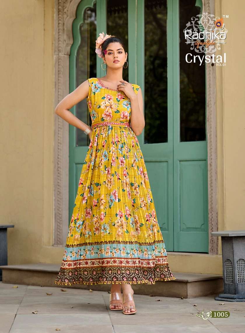 radhika lifestyle crystal vol-1 1001-1006 series stylish look designer kurtis catalogue wholesale price surat 