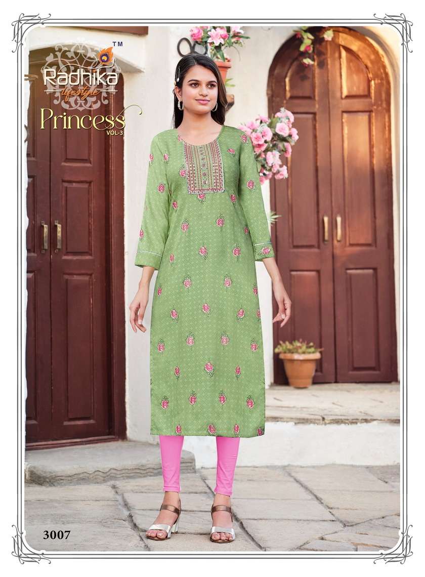 radhika lifestyle princess vol-3 3001-3010 series rayon fabric designer kurtis catalogue latest collection surat 