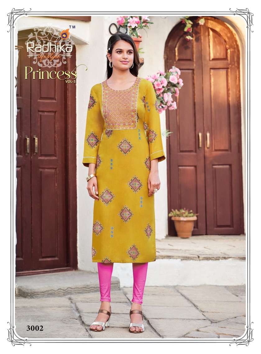 radhika lifestyle princess vol-3 3001-3010 series rayon fabric designer kurtis catalogue latest collection surat 