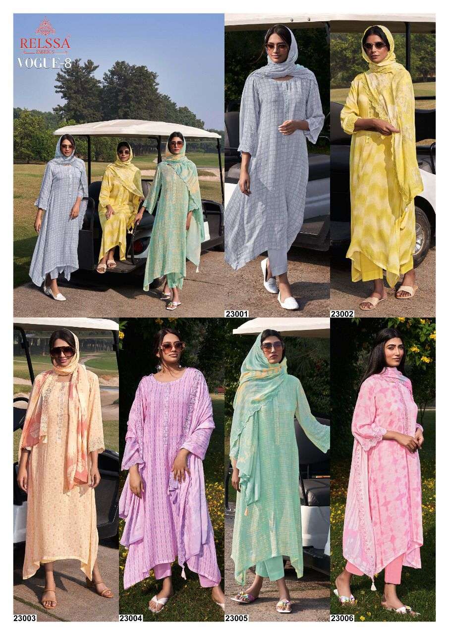 relssa fabrics vogue vol 8 23001-23006 series pure modal silk fancy unstich salwar suits surat