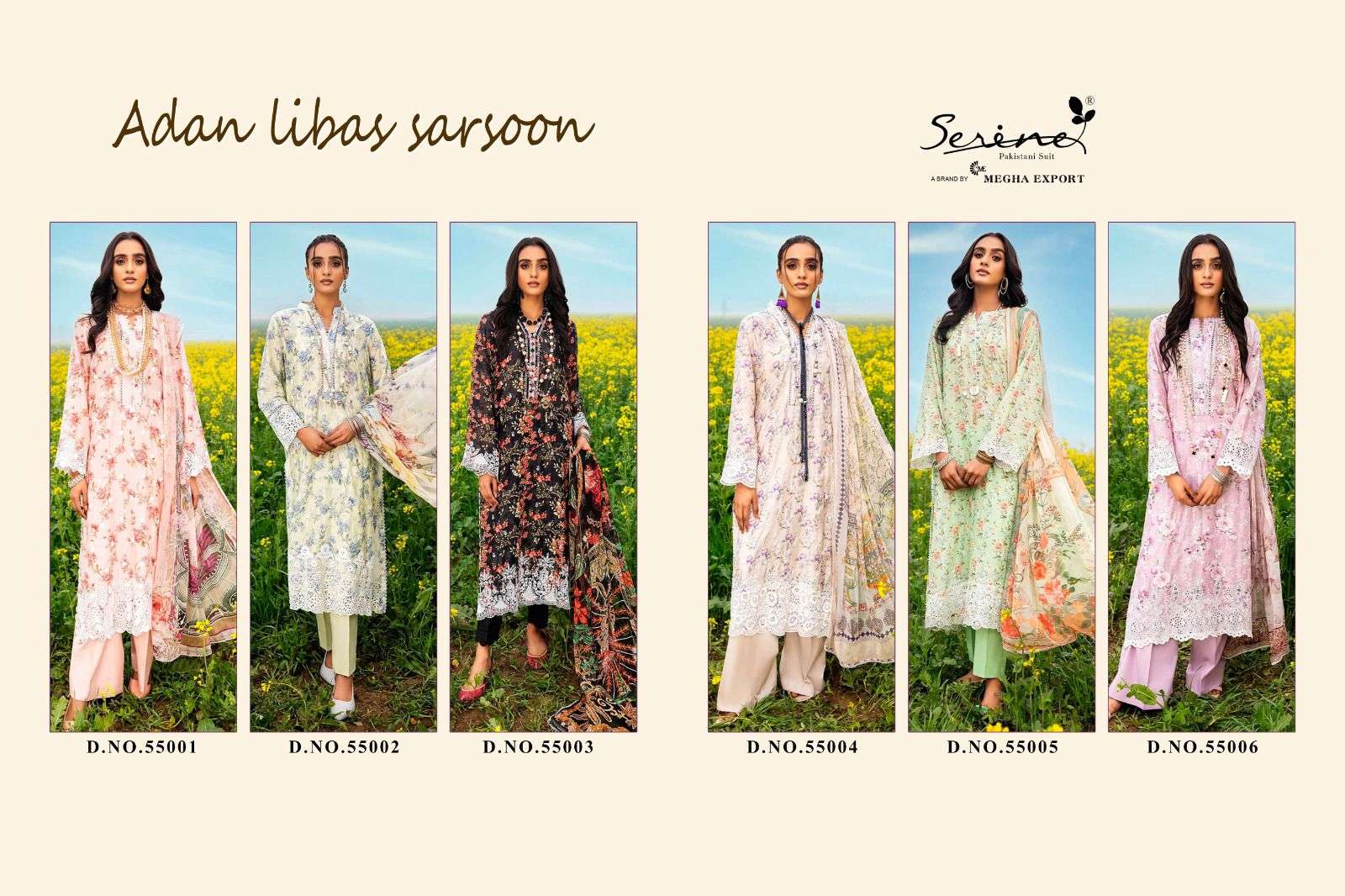 serine adan libas sarsoon 55001-55006 series exclusive designer pakistani salwar suits catalogue wholesale price surat