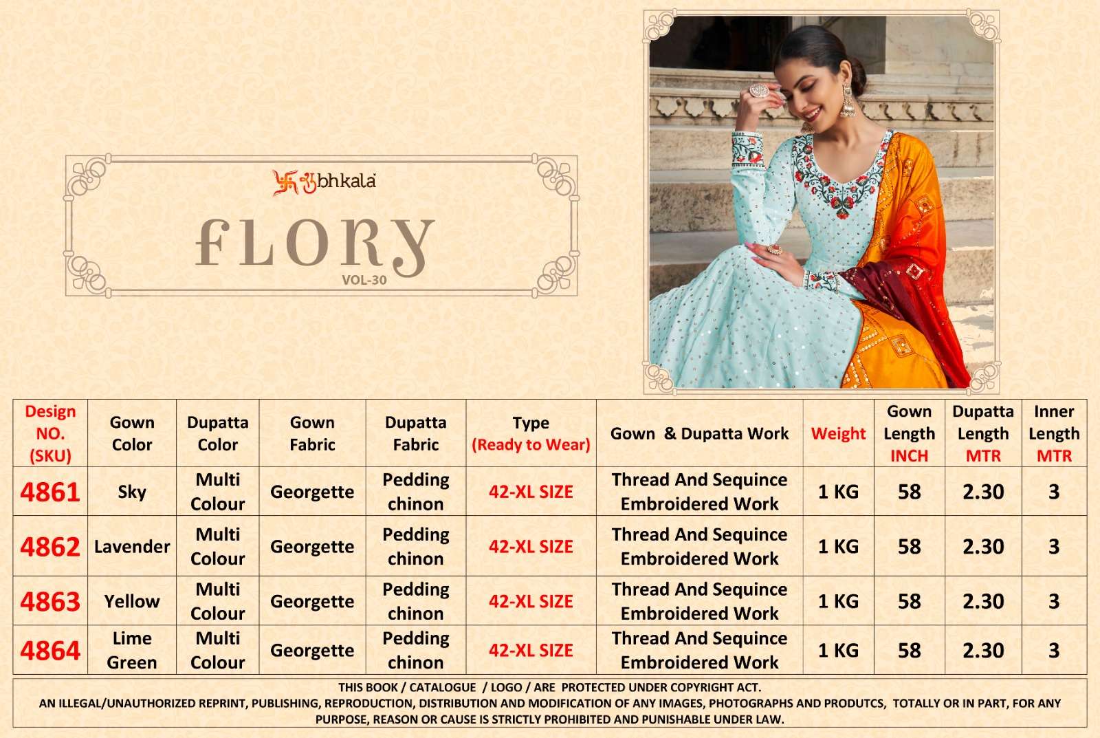 shubhkala flory vol-30 4861-4864 series exclusive designer readymade designer gown with dupatta catalogue manufacturer surat 