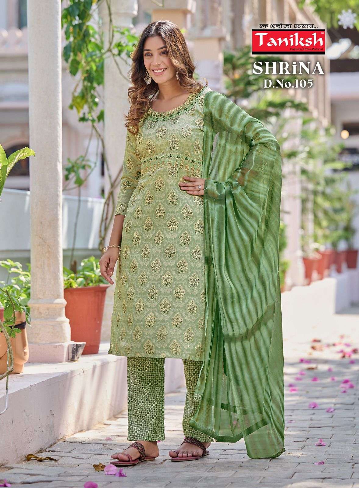 taniksh shrina 101-108 series fancy designer salwar suits dress material catalogue wholesaler surat 