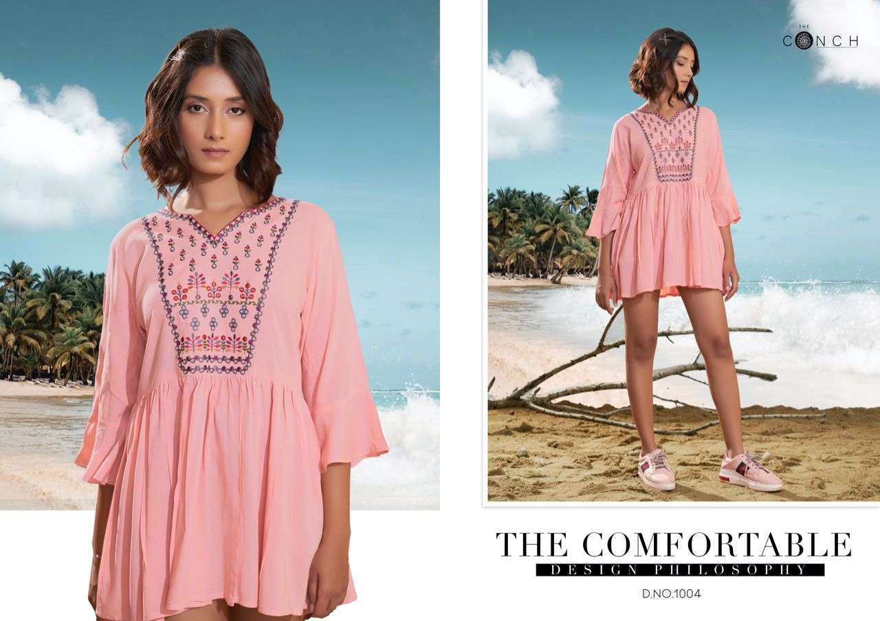 the conch compass vol-10 1001-1006 rayon designer embroidered work kurtis wholesale price surat