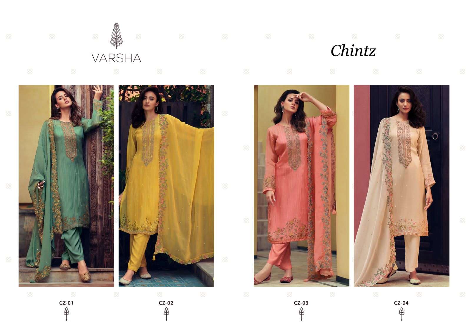 varsha fashion chintz 01-04 series indian designer salwar kameez catalogue wholesaler surat 