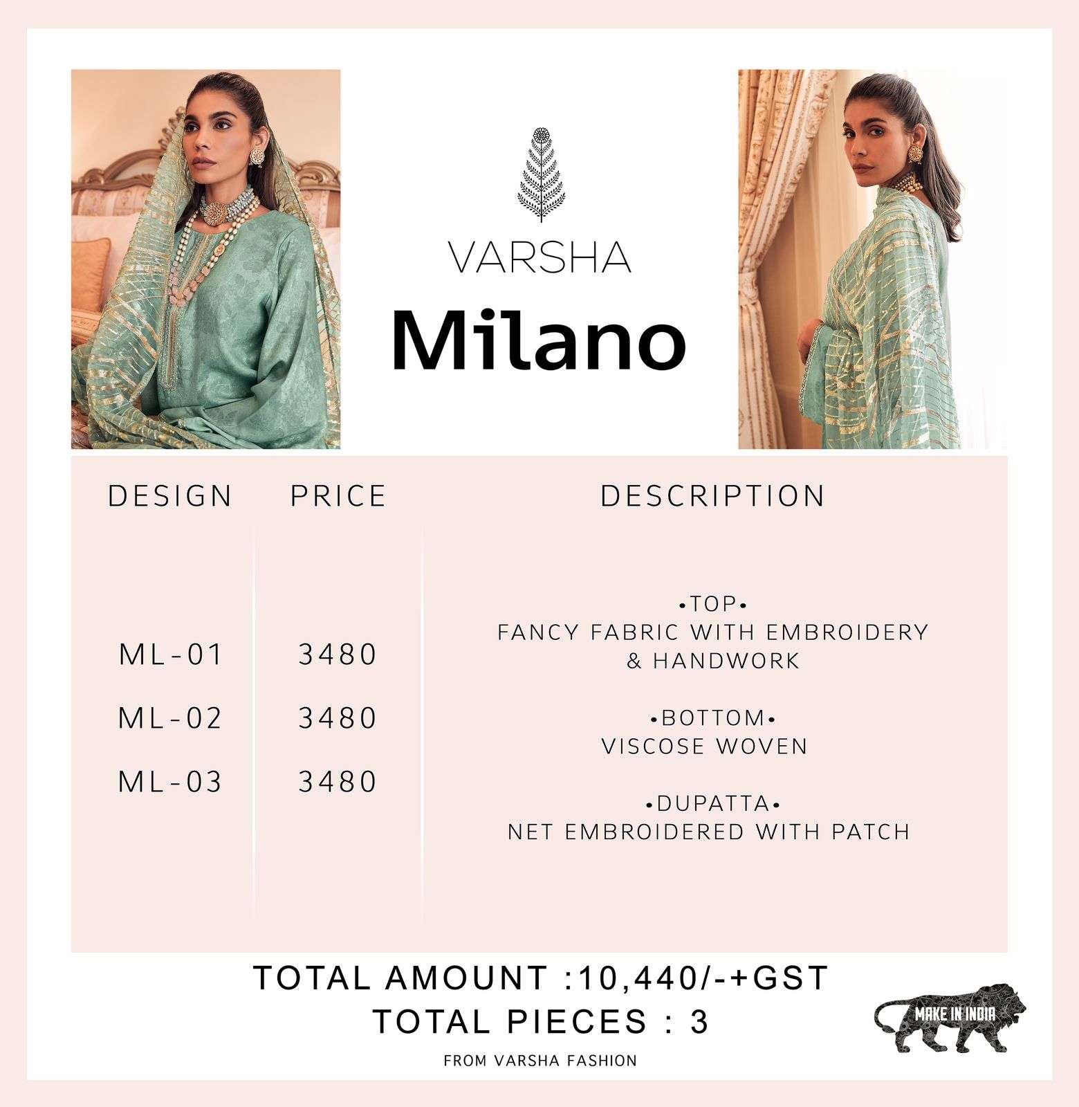 varsha fashion milano fancy fabrics with work unstich salwar kameez surat