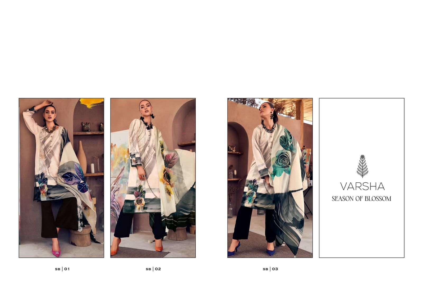 varsha fashion season of blossom 01-03 series pure cotton designer salwar kameez catalogue manufacturer surat