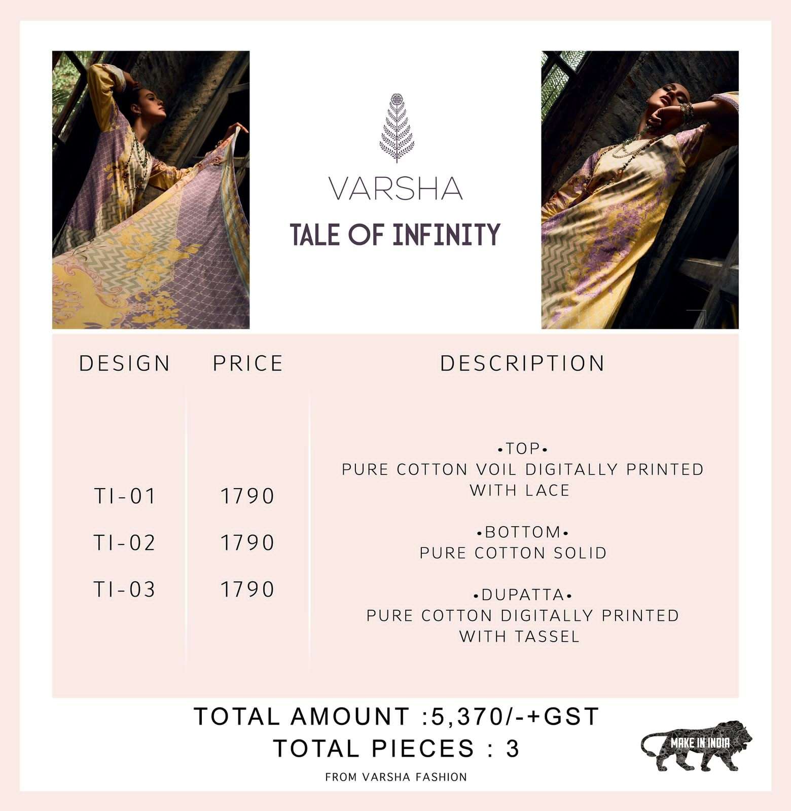varsha fashion tale of infinity 01-03 series pure cotton designer salwar kameez catalogue wholesaler surat 