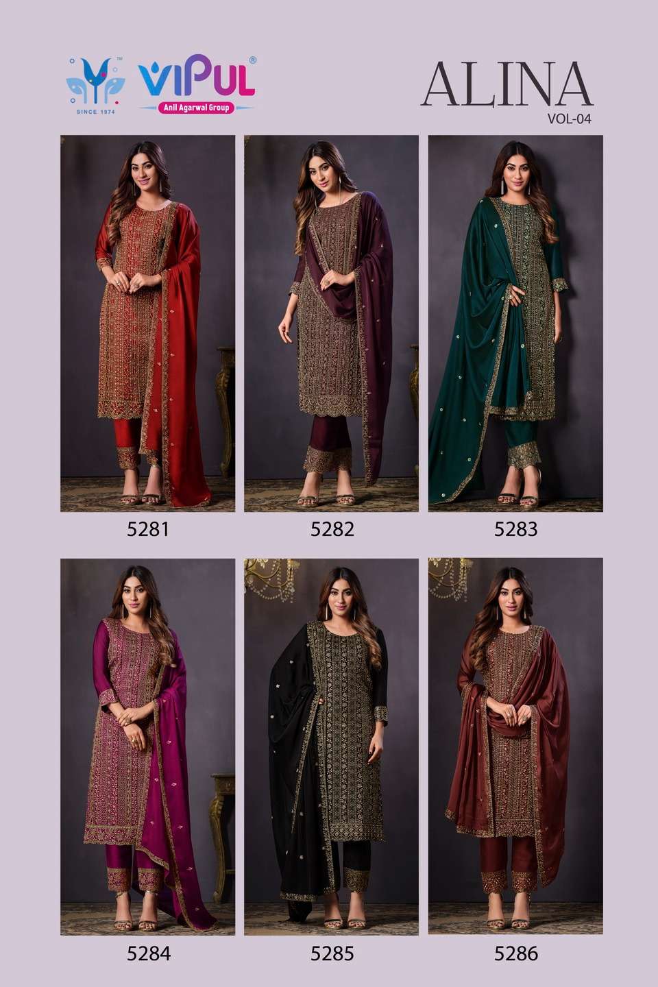 vipul fashion alina vol-4 5281-5286 series function special designer salwar suits latest catalogue design 2023