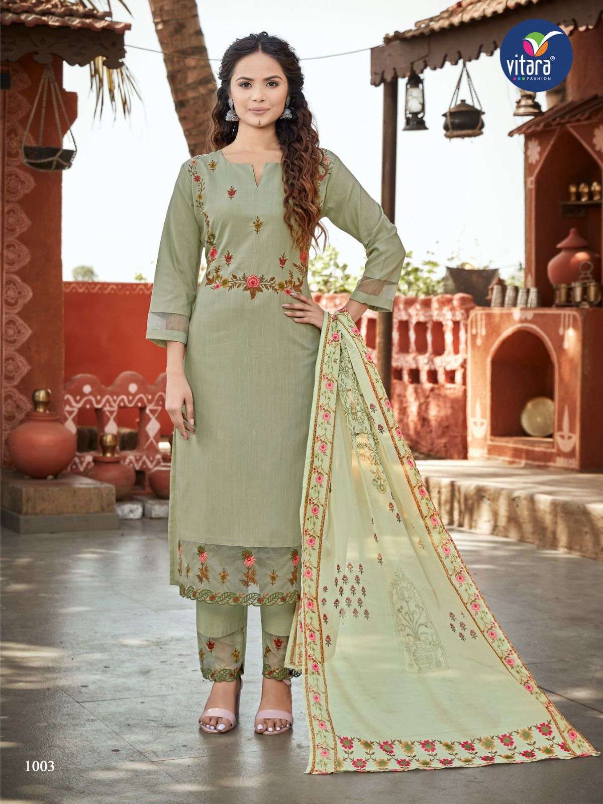 vitara fashion saffron 1001-1004 series exclusive designer kurti pant with dupatta design 2023 
