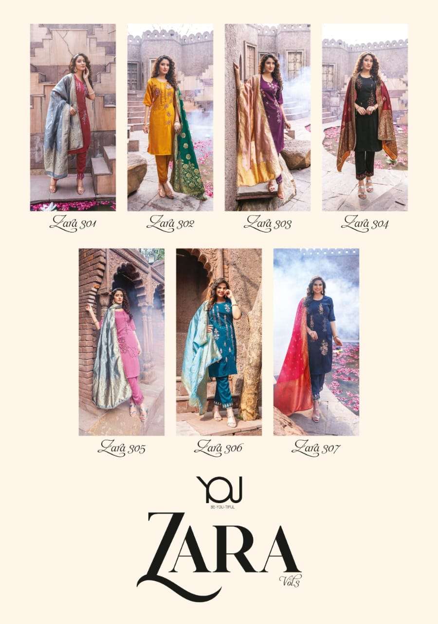 wanna zara vol-3 301-307 series stylish designer kurti bottom and dupatta latest catalogue surat 