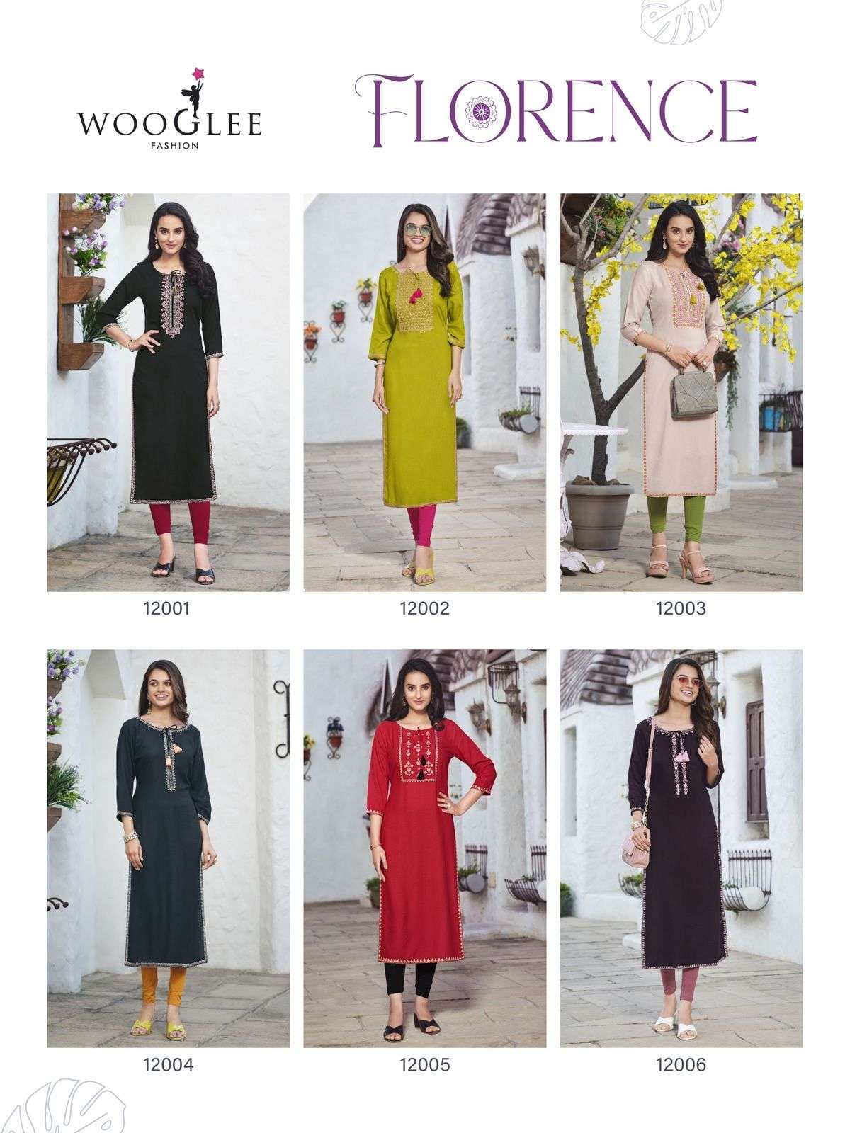 wooglee florence 12001-12006 series trendy designer kurti catalogue online supplier surat 