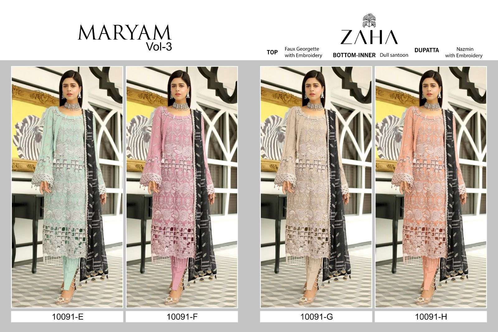 zaha maryam vol-3 10091 series stylish look designer pakistani salwar suits catalogue manufacturer surat