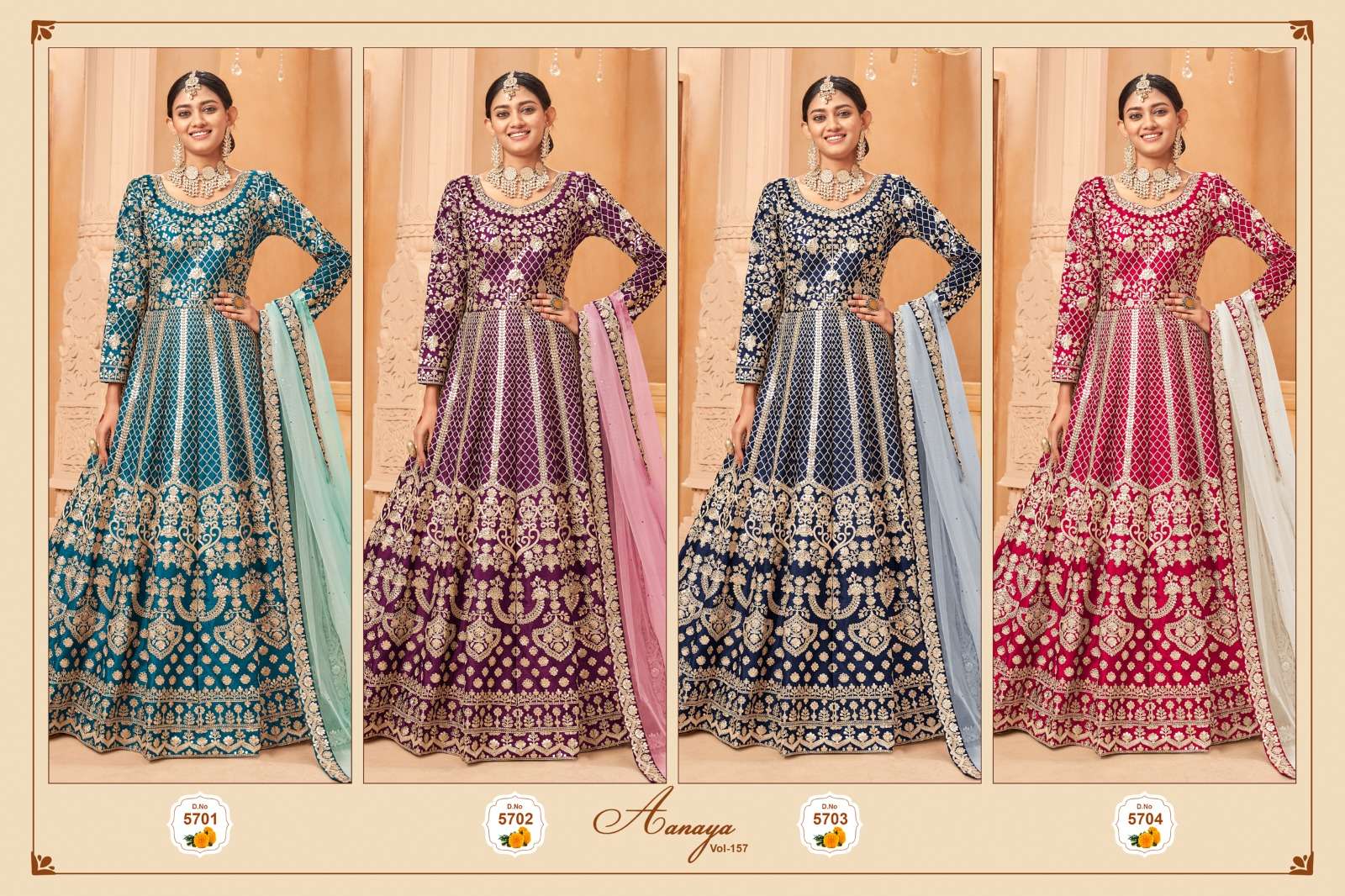 aanaya 5700 vol 157 series exclusive party wear art silk designer gown pattern suits online wholesaler surat 