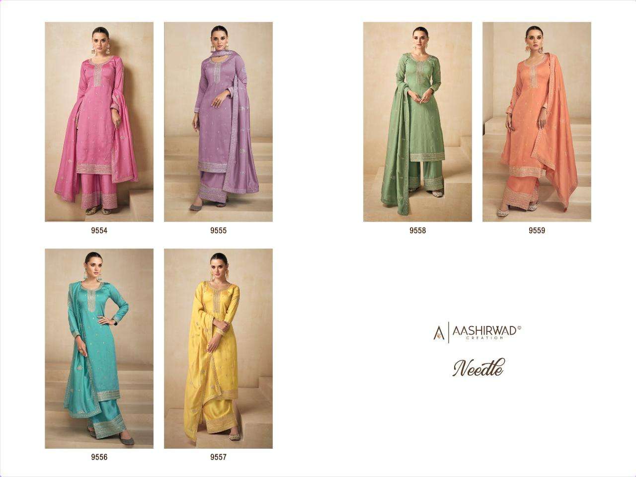 aashirwad creation needle 9554-9559 series premium silk designer salwar suits catalogue wholesaler surat 