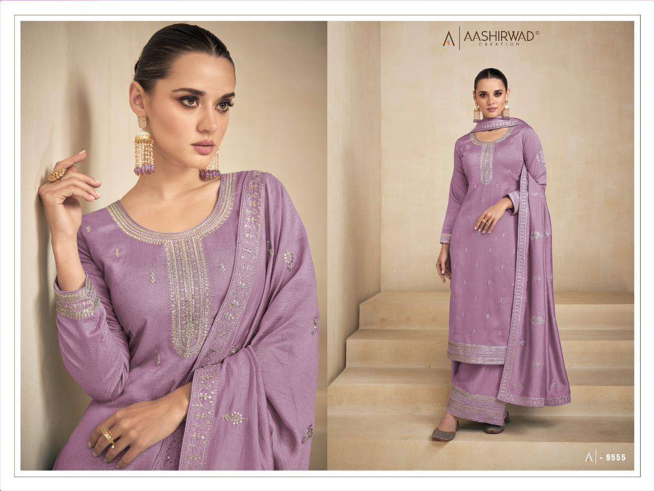 aashirwad creation needle 9554-9559 series premium silk designer salwar suits catalogue wholesaler surat 