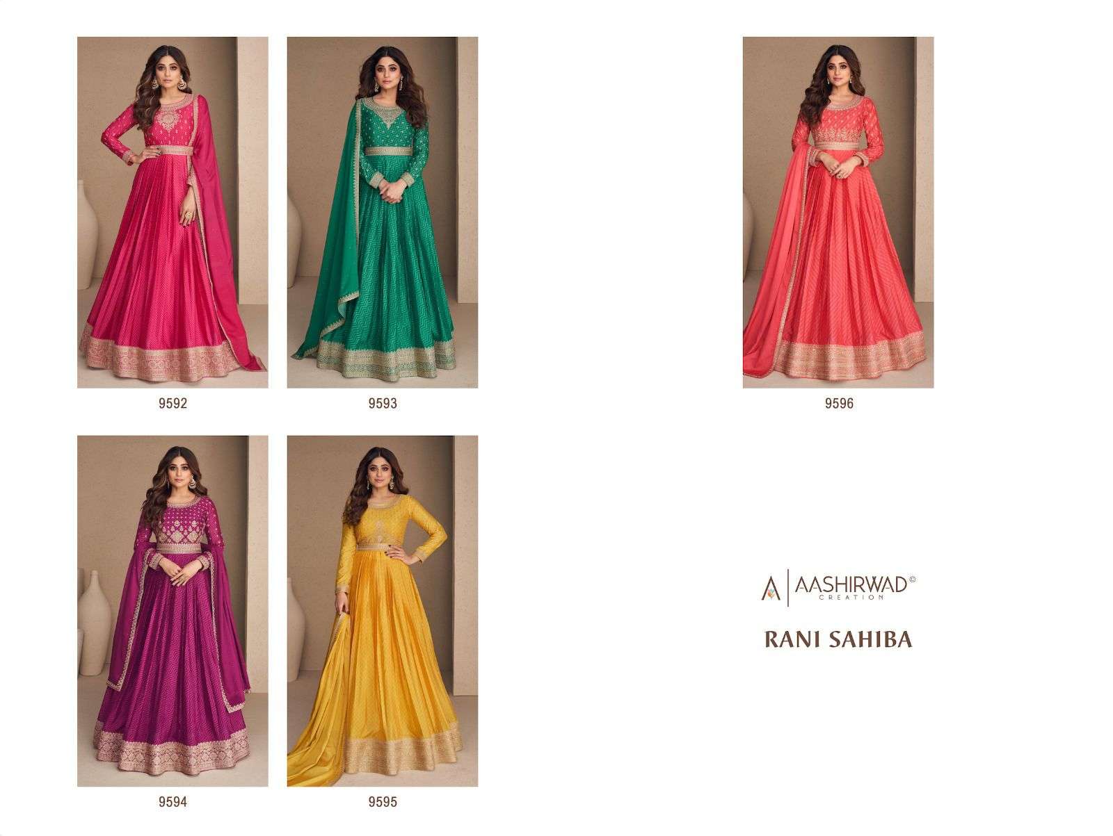 aashirwad creation rani sahiba 9592-9596 series chinon silk designer party wear dress catalogue manufacturer surat