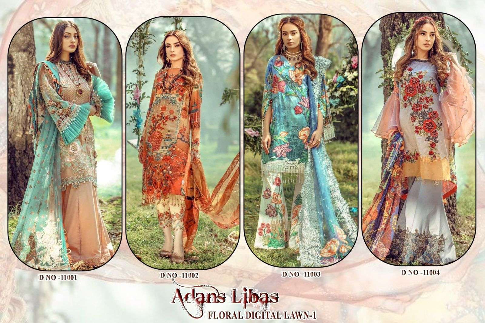 adans libas floral digital lawn vol-1 11001-11004 series fancy designer pakistani salwar suits catalogue manufacturer in surat