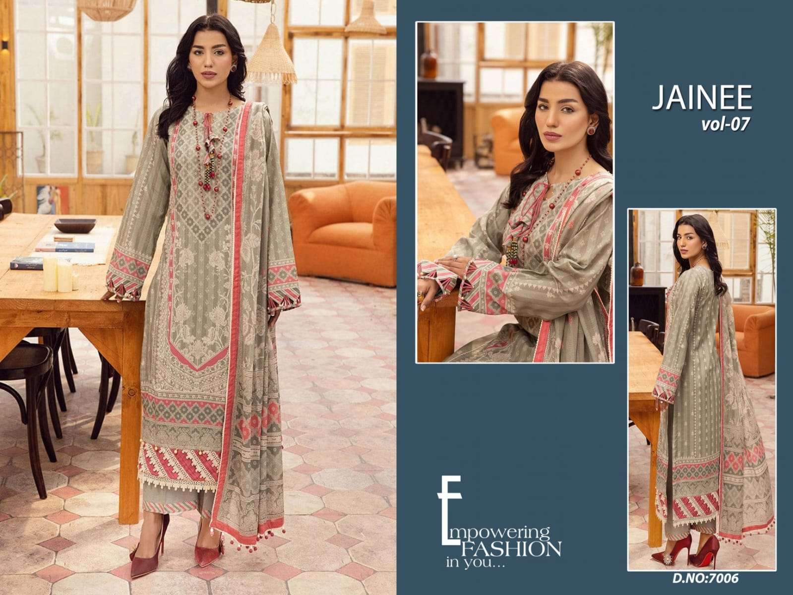agha noor jainee vol-7 7001-7006 series lawn cotton designer pakistani salwar suits catalogue design 2023 