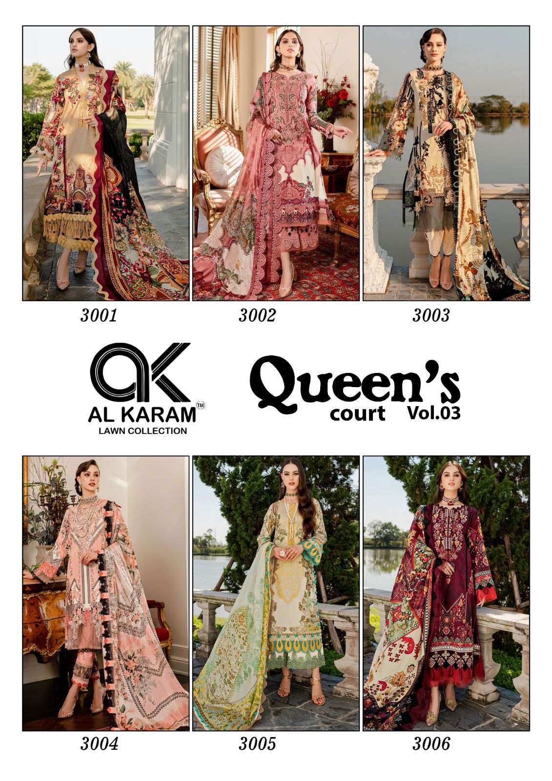 al karam queens court vol-3 3001-3006 series pakistani salwar kameez catalogue wholesaler surat