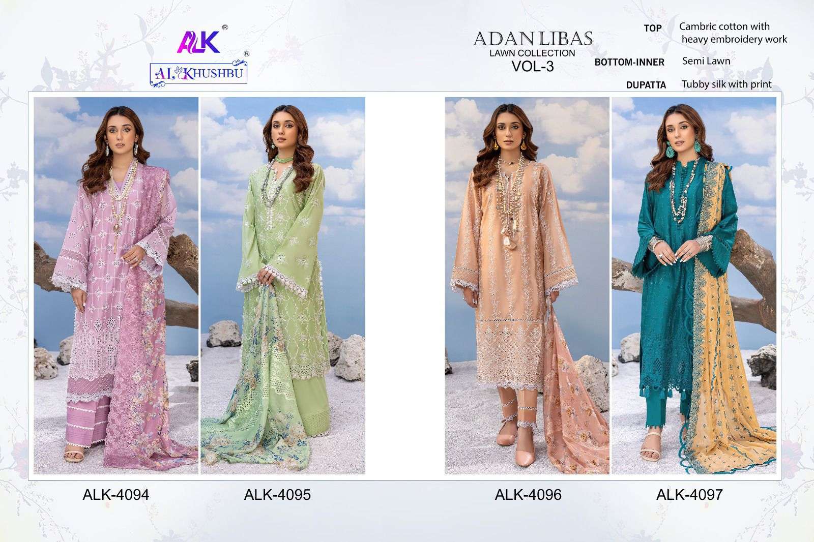 al khushbu adan libas vol-3 4094-4097 series stylish look designer pakistani salwar suits latest collection in surat