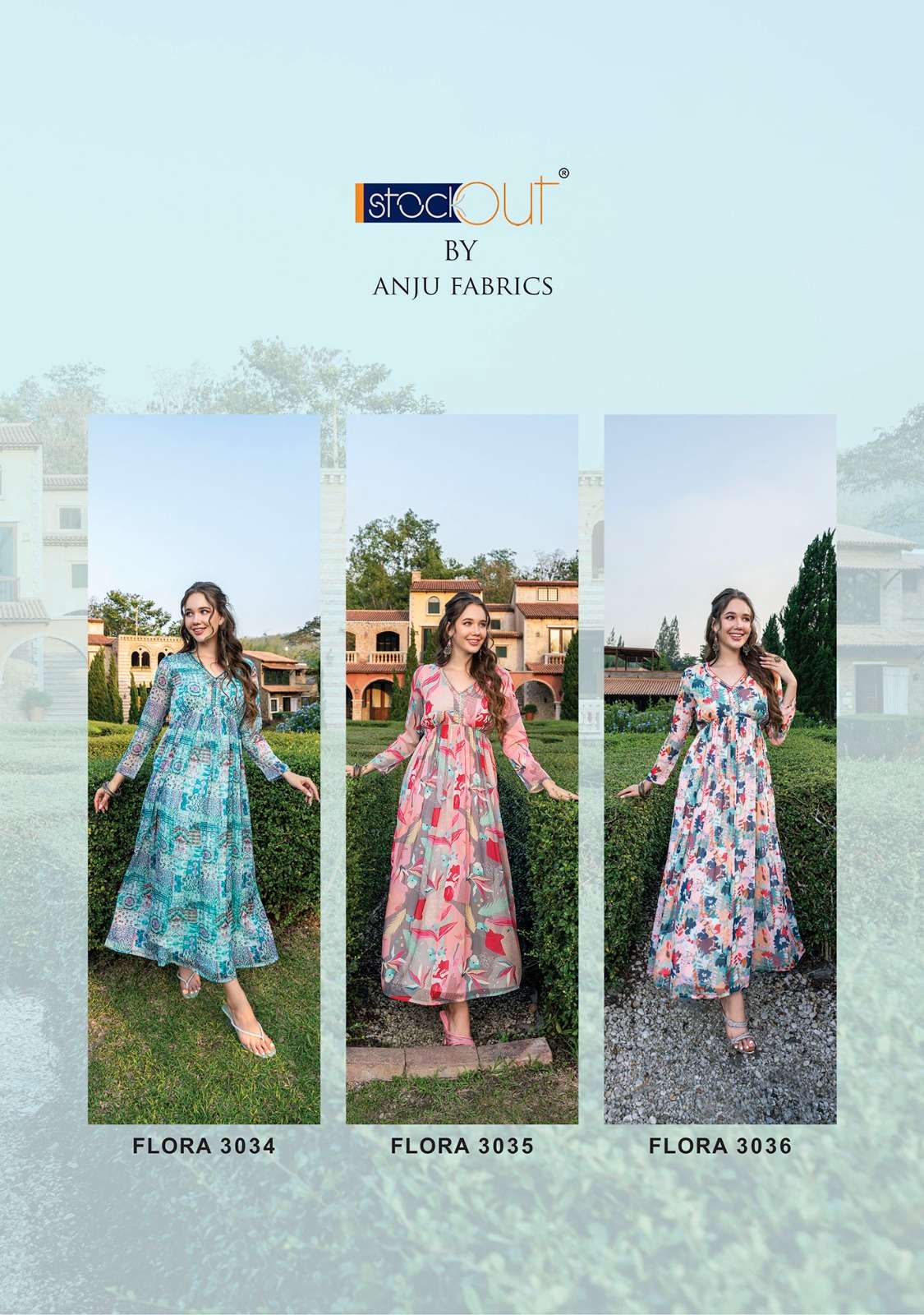 anju fabrics flora vol-2 3031-3036 series designer premium chiffon long kurtis wholesale price surat