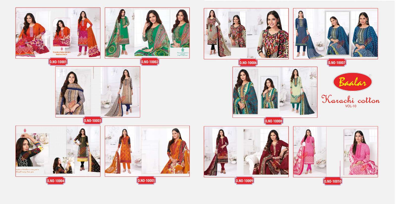 baalar karachi cotton vol-10 10001-10010 series pure cotton lawn dress material catalogue manufacturer surat 