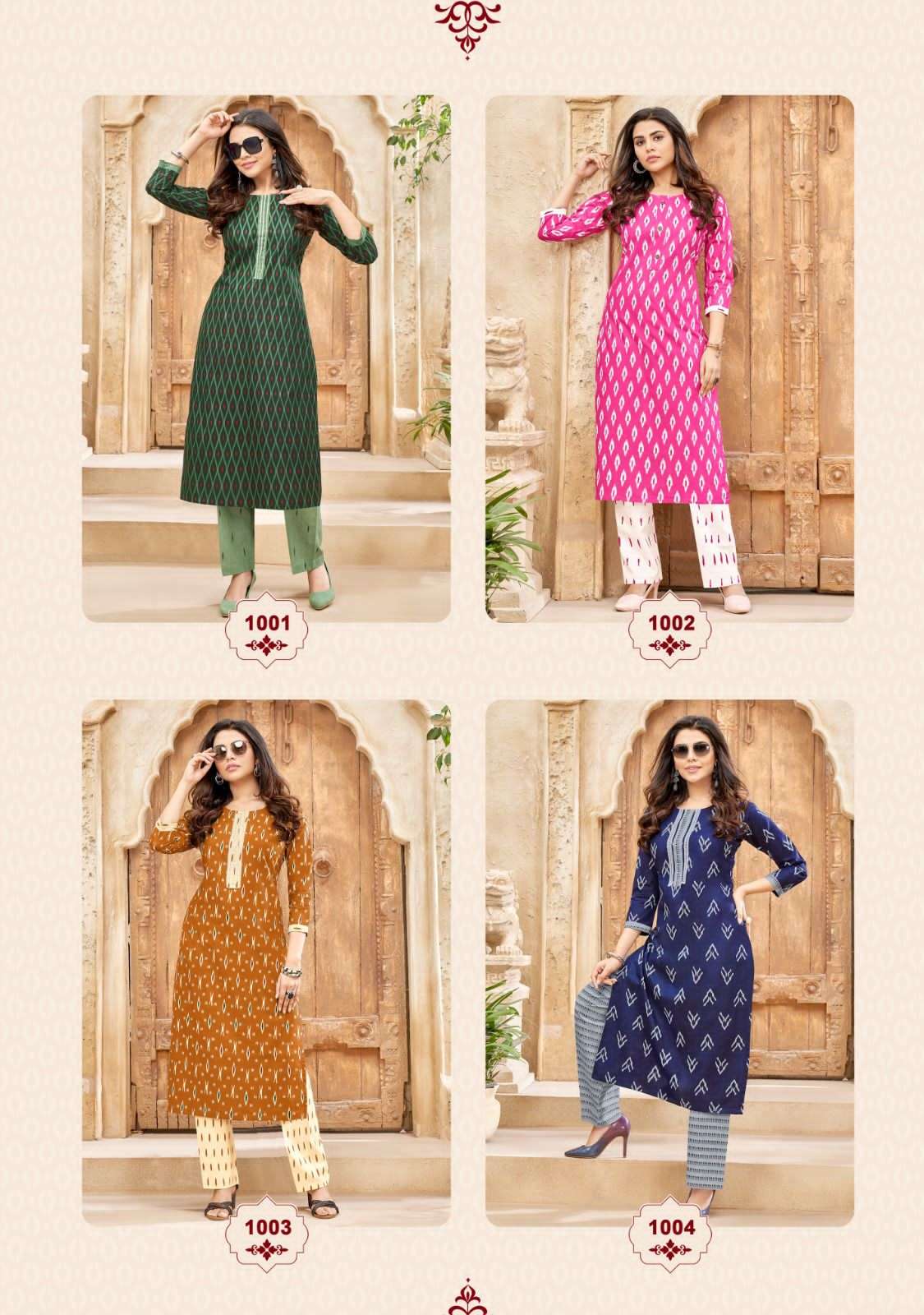 balaji cotton ikkat 1001-1008 series readymade designer kurti with pant catalogue design 2023 