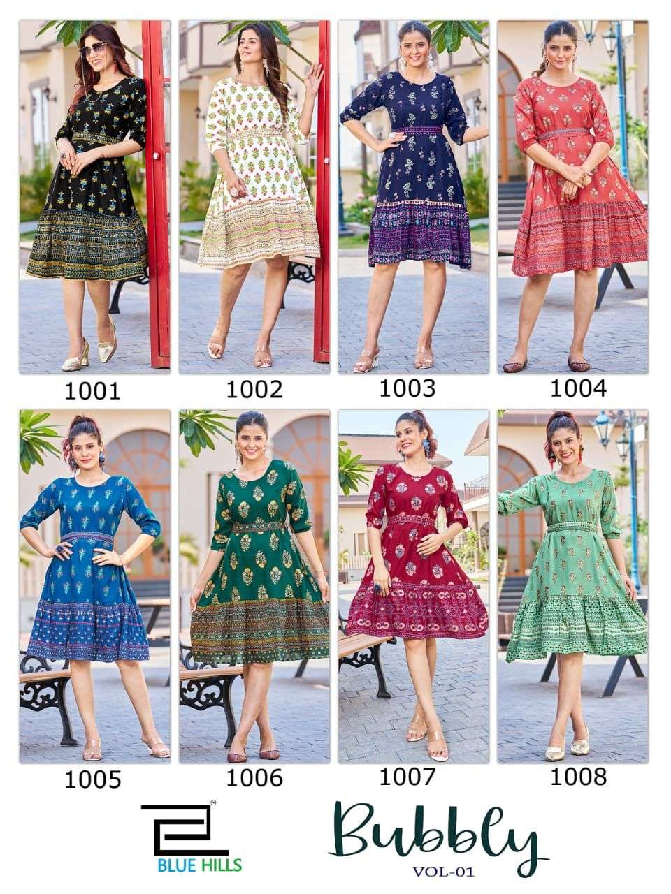 bluehills bubbly vol-1 1001-1008 series tunic style designer kurtis catalogue online dealer surat 