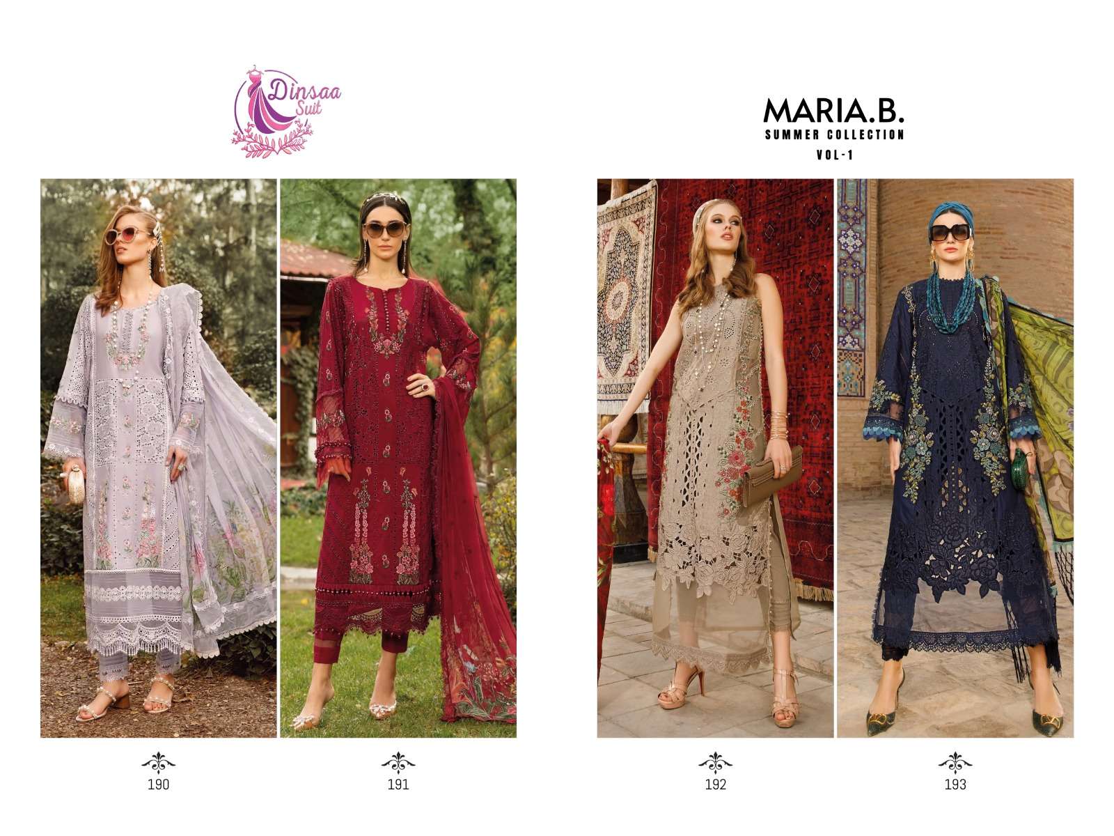 dinsaa suits maria b summer collection vol-1 190-193 series pure cotton fancy salwar kameez wholesale price 