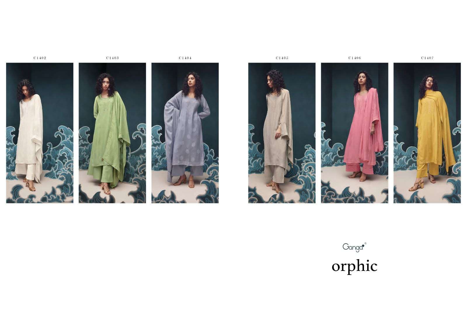 ganga orphic 1402-1407 series trendy designer salwar kameez catalogue design 2023 