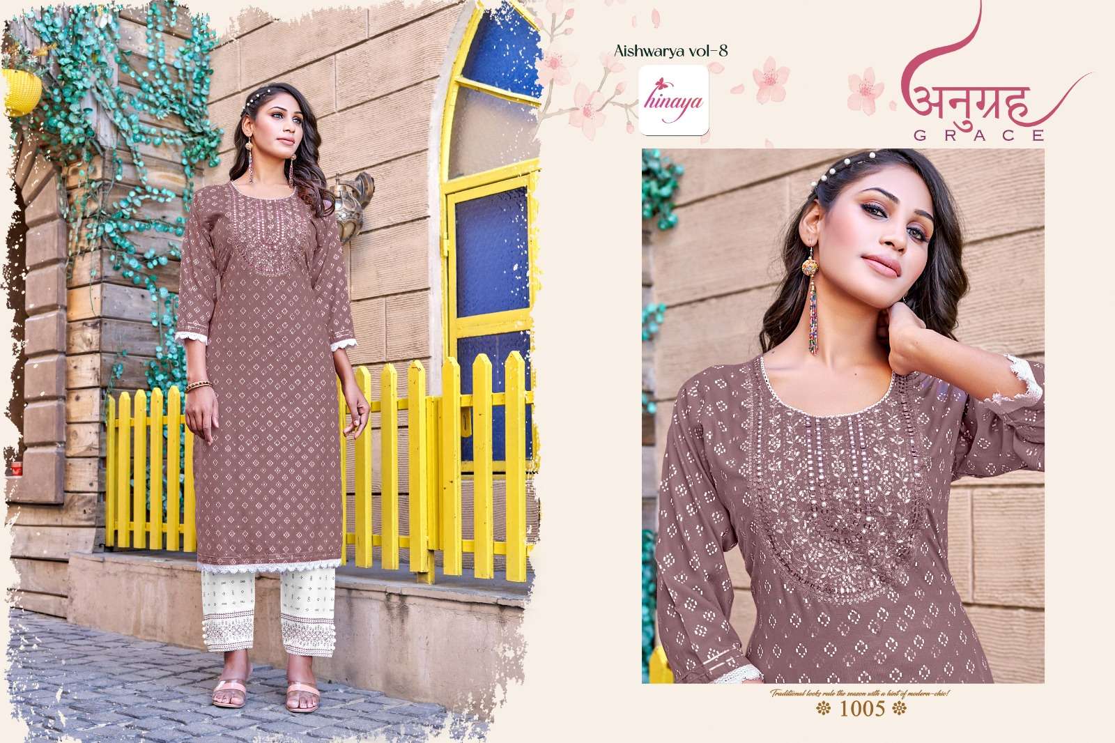 hinaya aishwarya vol-8 designer printed kurtis with work styles pant set collection 2023 