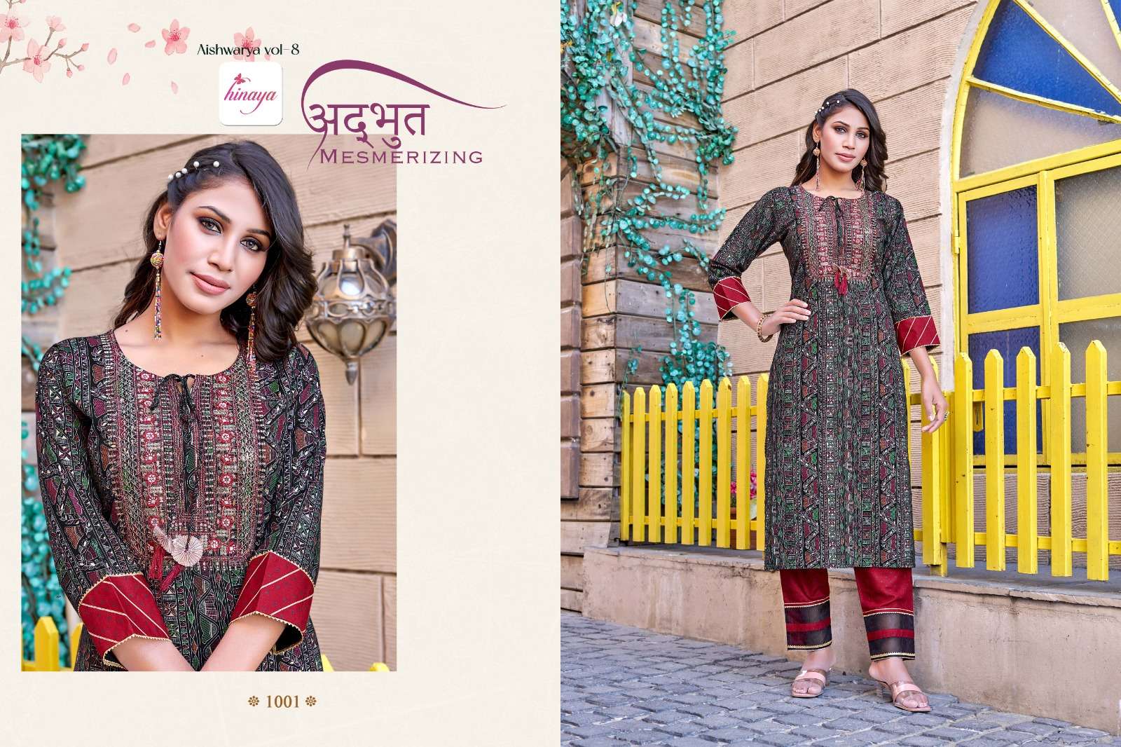 hinaya aishwarya vol-8 designer printed kurtis with work styles pant set collection 2023 