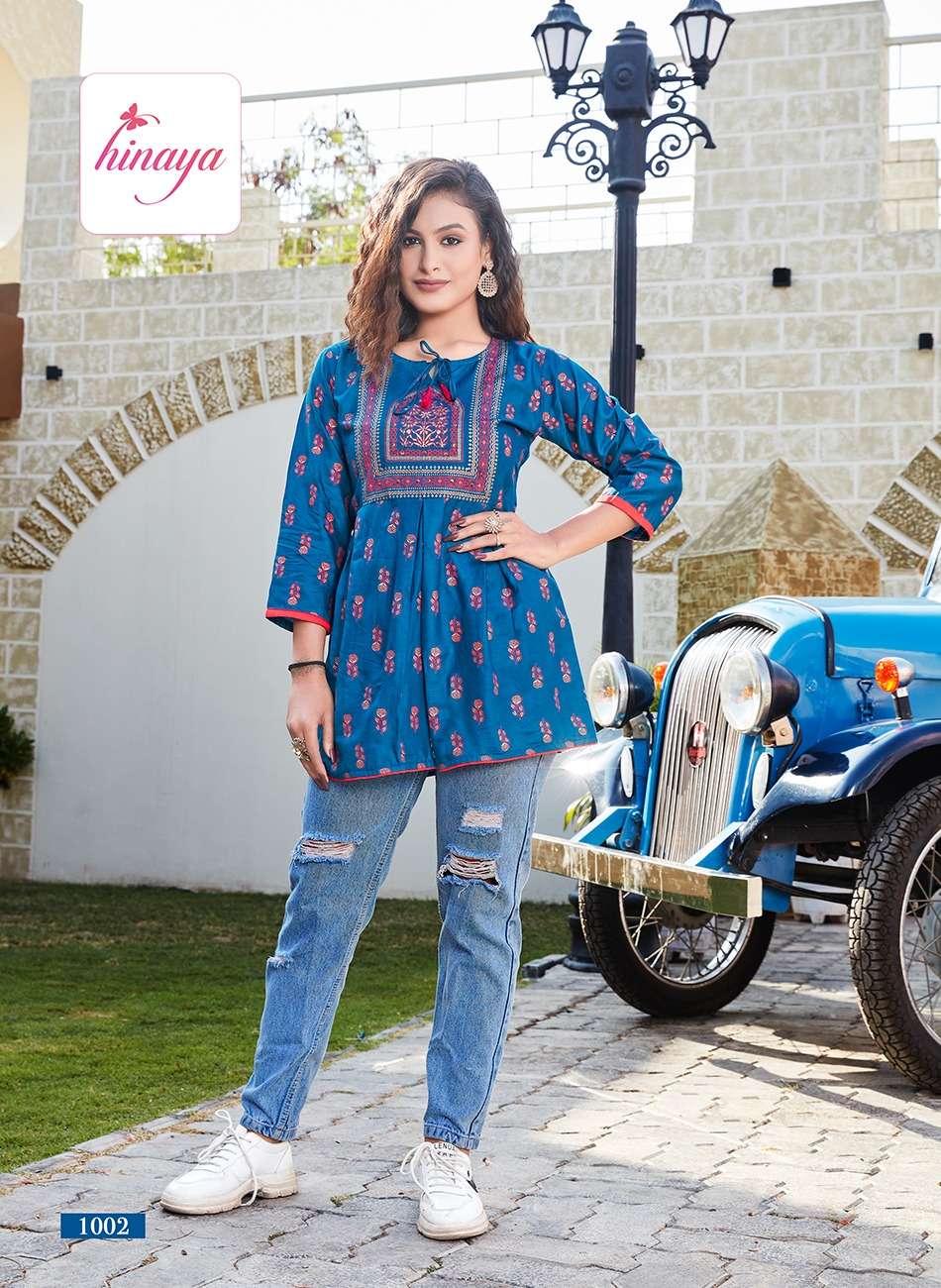hinaya fashion 4 u vol-1 1001-1008 series trendy western rayon short tops catalogue manufacturer surat 