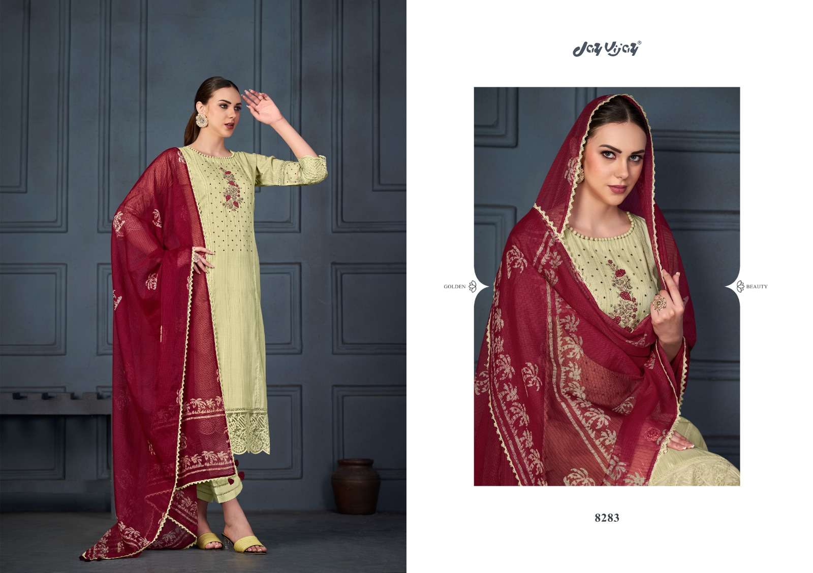 jayvijay erusa 8281-8285 series party wear designer salwar suits catalogue wholesaler surat 