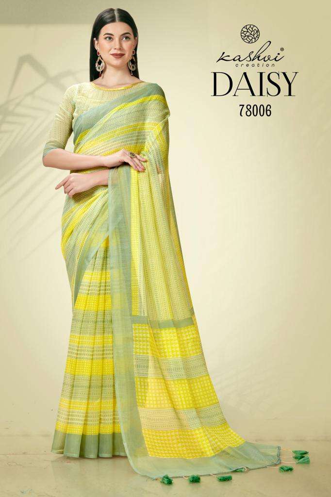 kashvi creation by daisy 78001-78008 series linen silk designer printed saree ctalogue online shopping surat