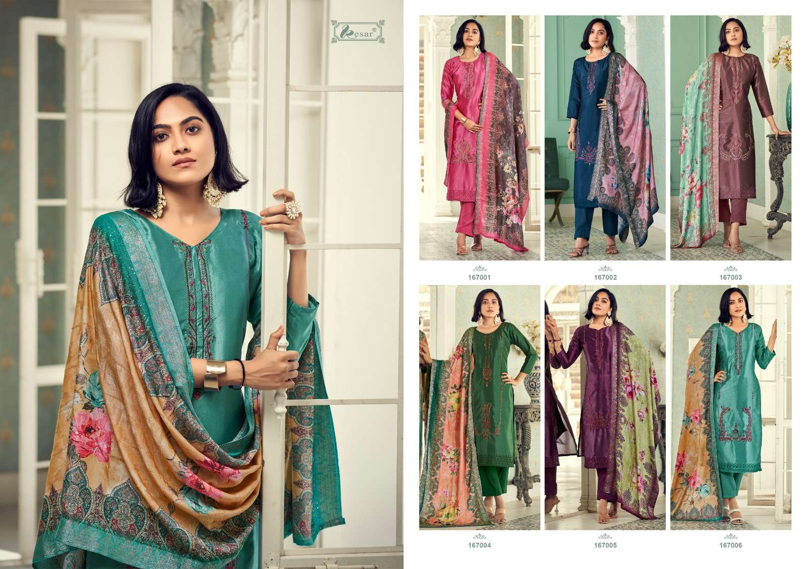kesar begum 167001-167006 series trendy designer salwar kameez catalogue manufacturer surat