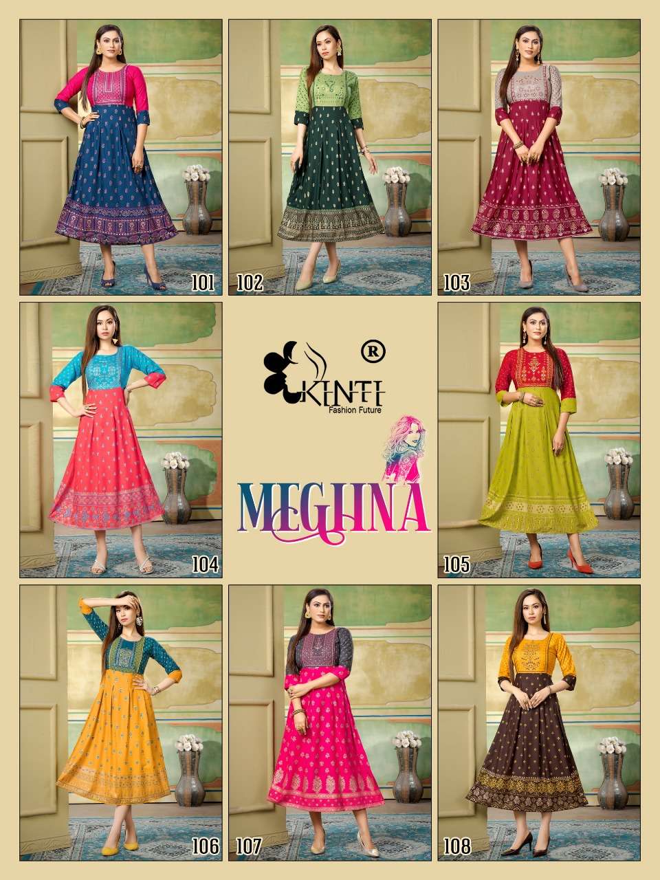 kinti fashion meghna 101-108 series fancy look designer kurtis catalogue manufacturer surat 