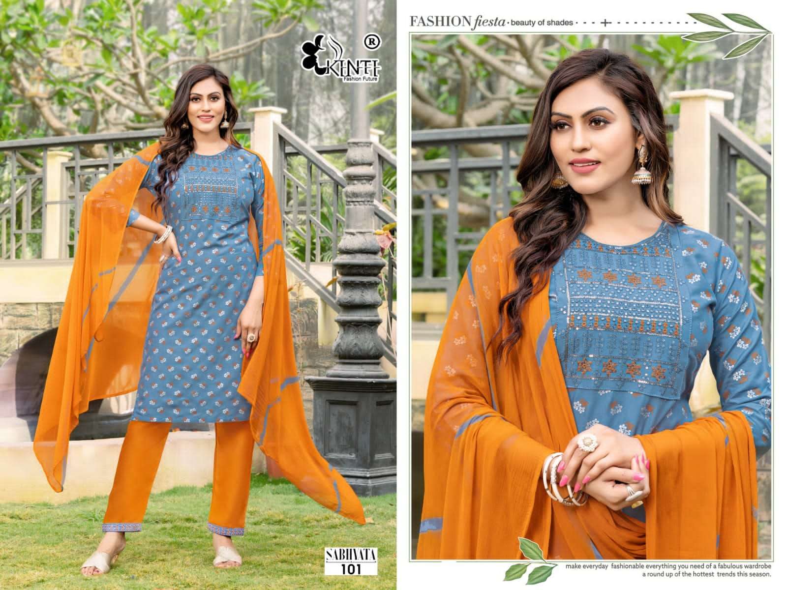 kinti fashion sabhyata 101-106 series top pant with dupatta catalogue manufacturer surat