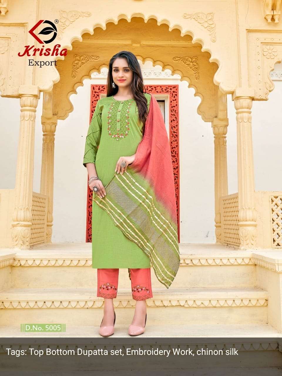 krisha exports kalavati 5001-5005 series wholesale designer kurtis pant dupatta combo supplier surat