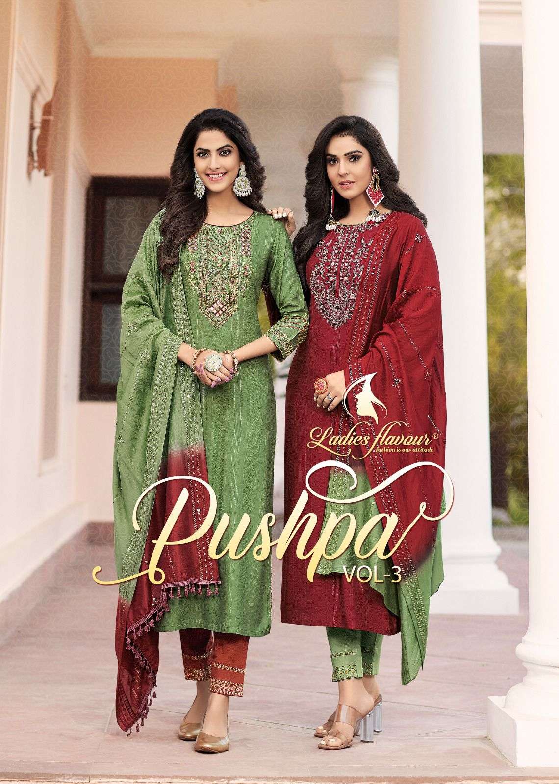 ladies flavour pushpa vol-3 3001-3006 series trendy designer top bottom with dupatta latest catalogue surat