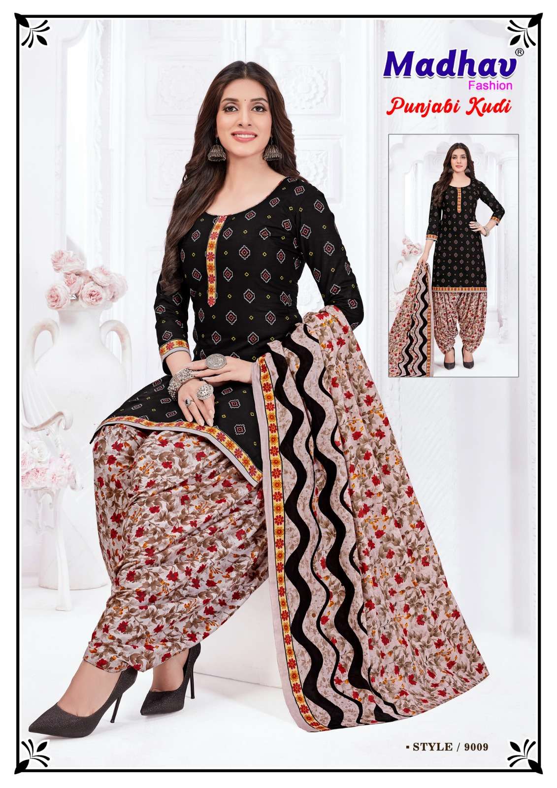 madhav fashion punjabi kudi vol-9 9001-9010 series pure cotton designer dress material catalogue wholesale supplier surat 
