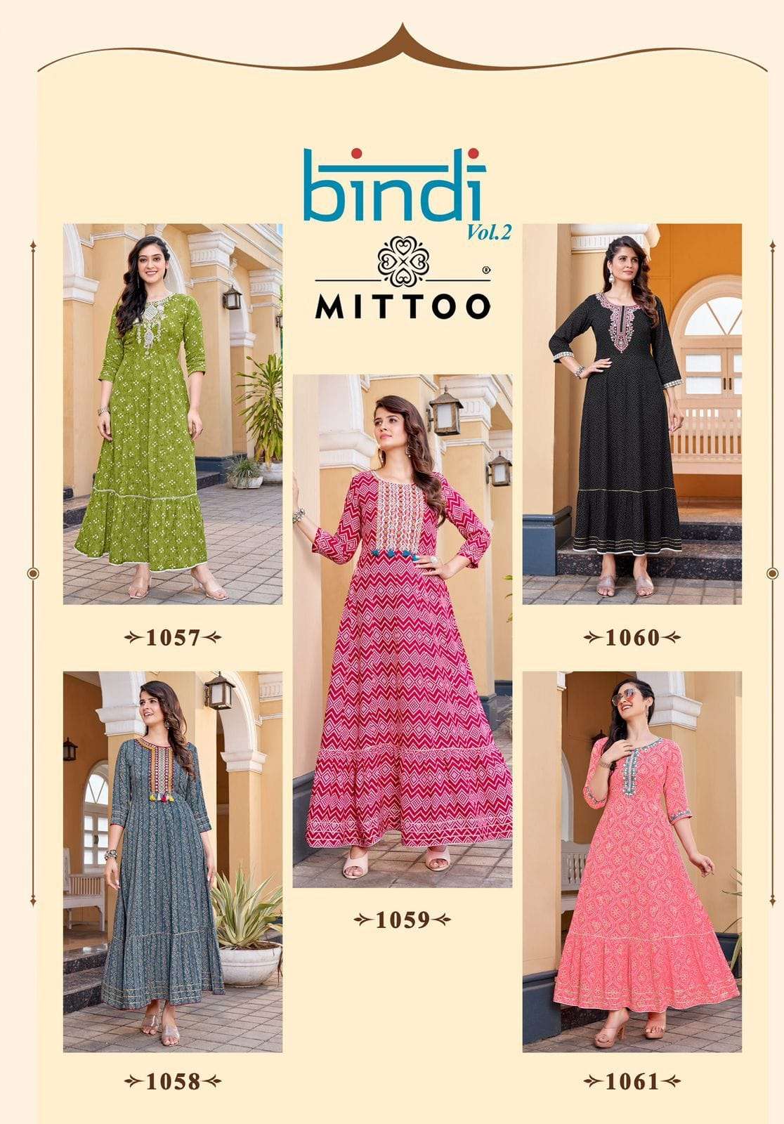 mittoo bindi vol-2 1057-1061 series rayon designer long gown catalogue latest collection surat 