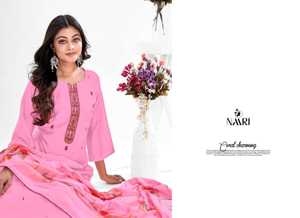 naari alvira 8501-8504 series pure silk embroidered unstich salwar suits collection surat