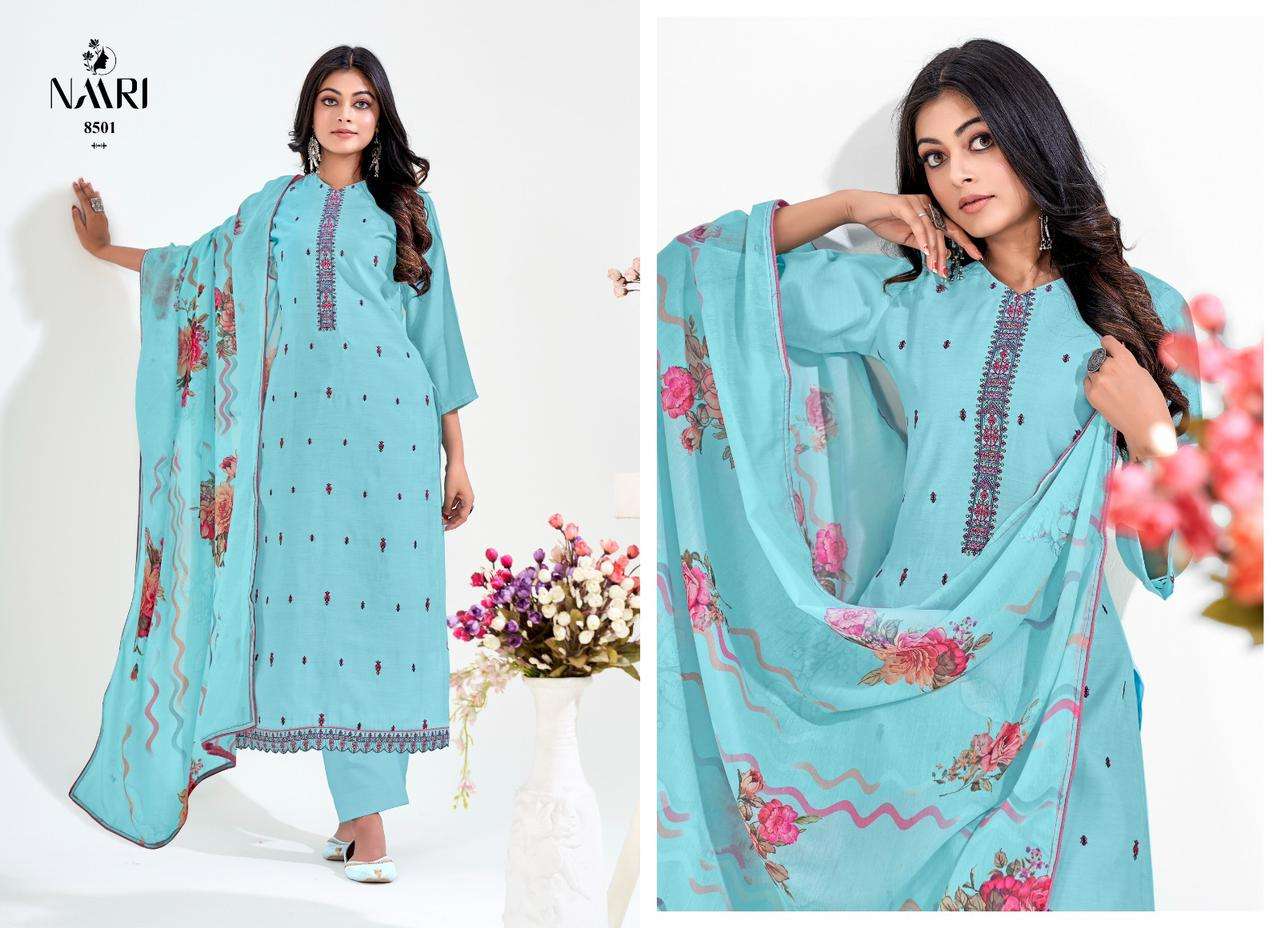 naari alvira 8501-8504 series pure silk embroidered unstich salwar suits collection surat