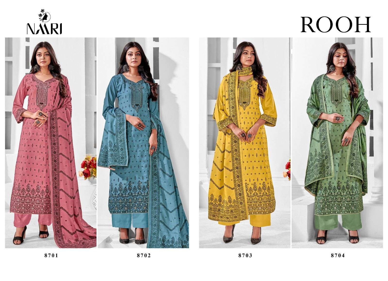 naari by rooh 8701-8704 series exclusive muslin jequard salwar kameez wholesale best rate surat 